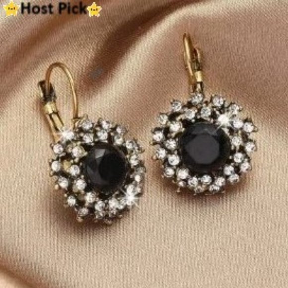 None Jewelry - Boho Ethnic Jet Black Crystal Rhinestones Flower Drop Lever Back Earrings - NWT